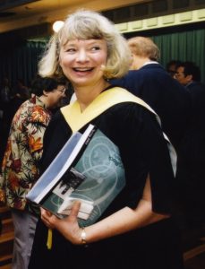 Jane Scott Cleary at graduation in robes.